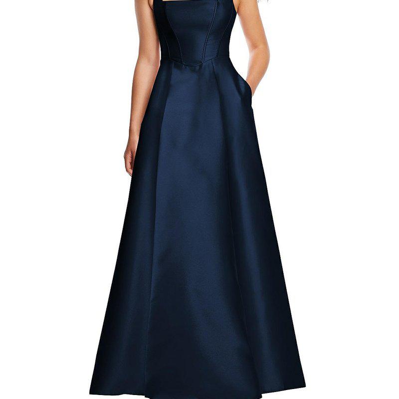 Alfred Sung Boned Corset Closed-Back Satin Gown with Full Skirt and Pockets D844