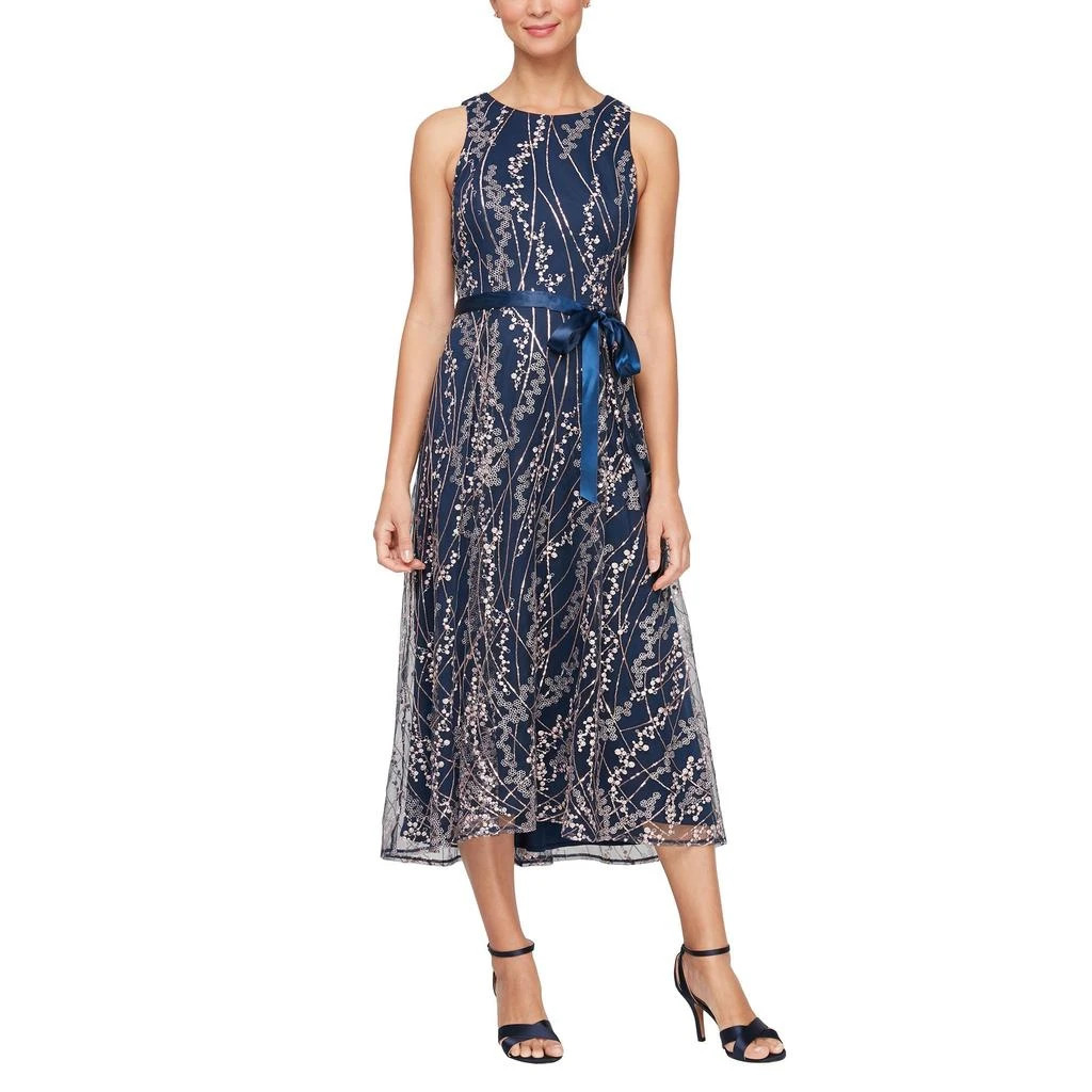 Alex Evenings Midi Length Embroidered Dress with Satin Tie Belt 1