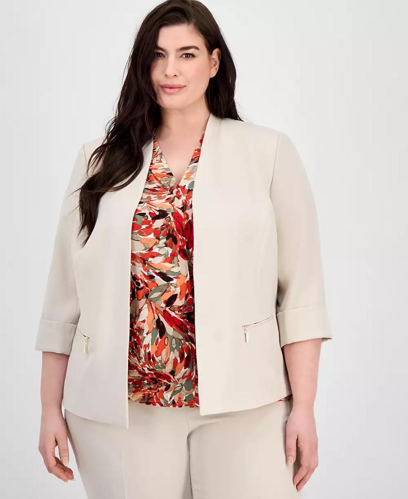 Kasper Plus Size Zip-Pocket Cuffed 3/4-Sleeve Blazer