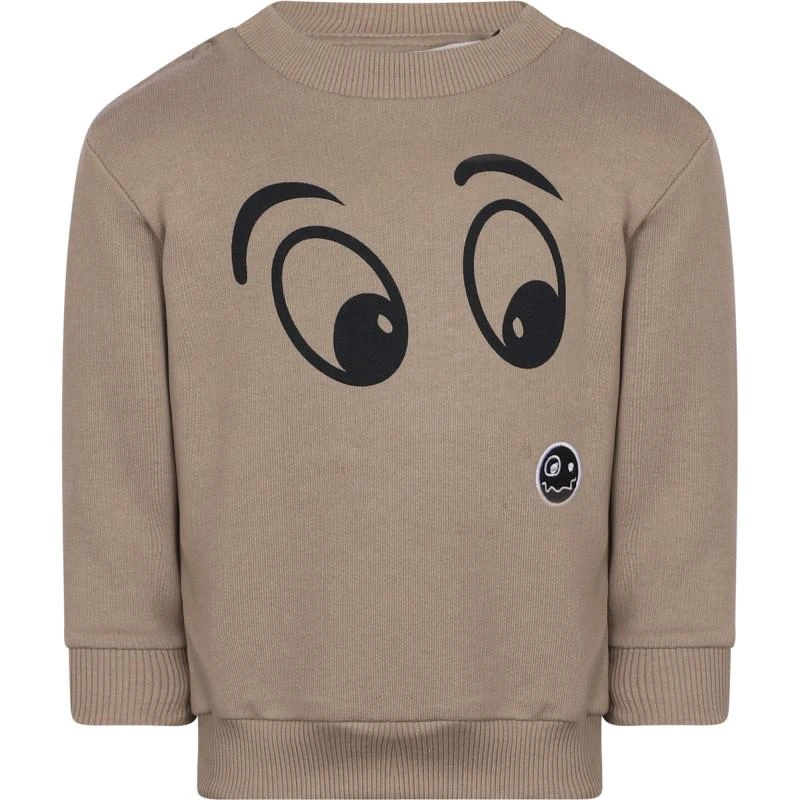 Loud Apparel Eyes print organic cotton fleece logo baby sweatshirt in taupe 1