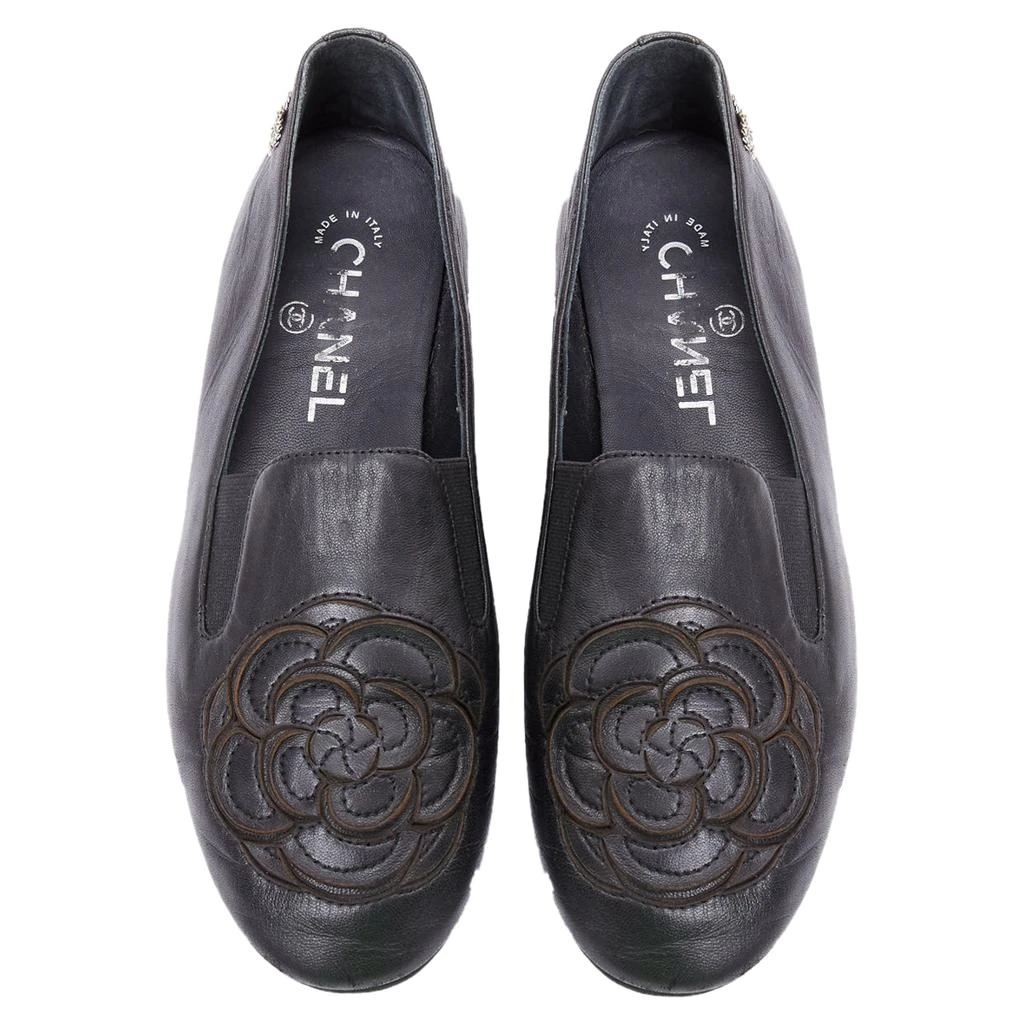Chanel black leather camellia loafers 5