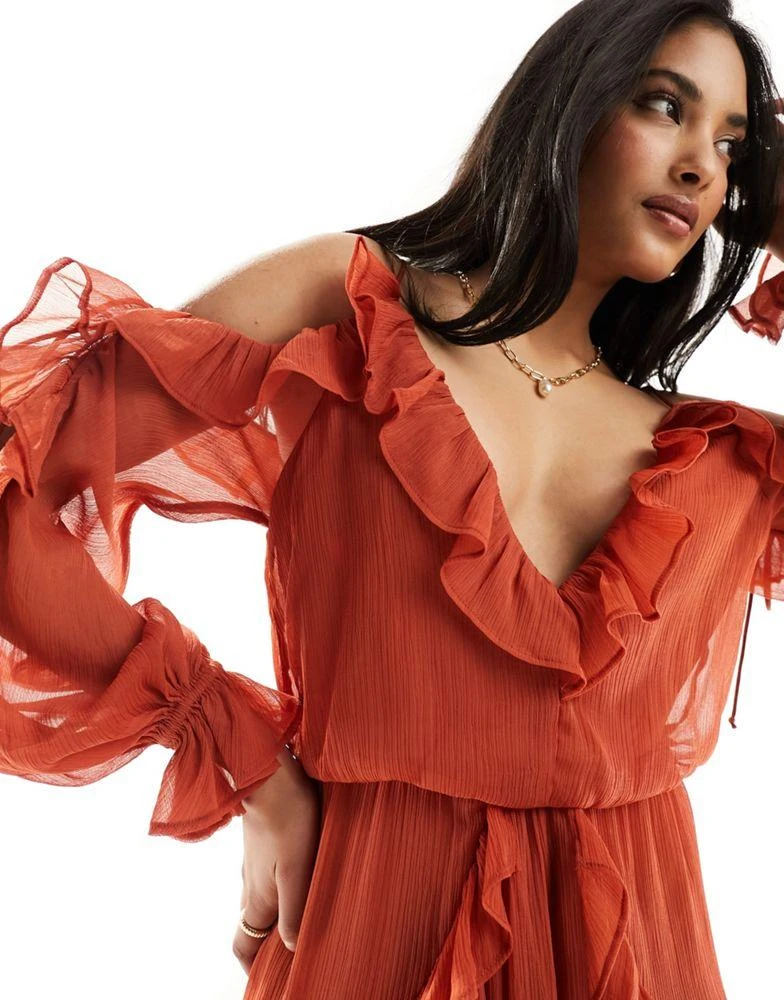 ASOS ASOS DESIGN ruffle off shoulder midi dress in rust 2