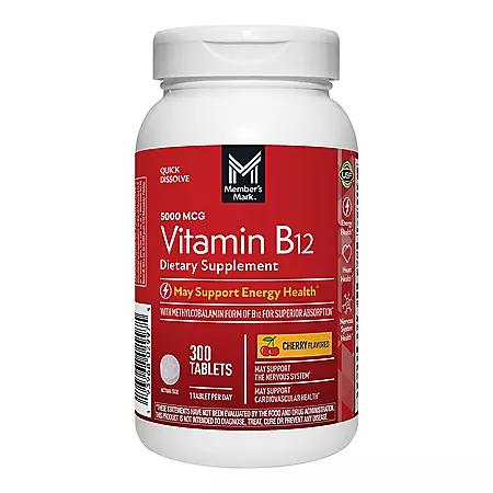 Member's Mark Member’s Mark Vitamin B12 Quick Dissolve Tablets, 5000 mcg, Cherry, 300 ct.