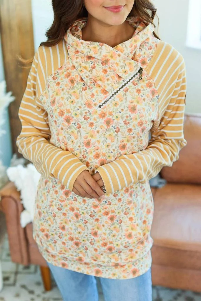 Michelle Mae Zoey Zip Cowlneck Sweatshirt In Mustard Floral Stripe 1