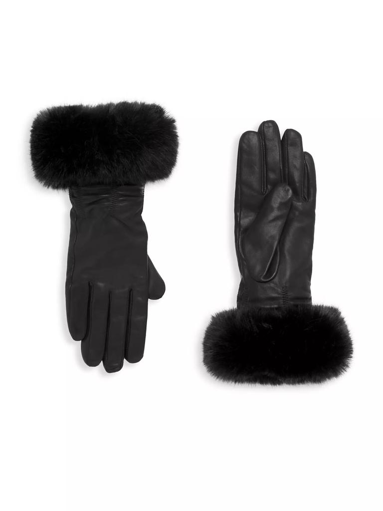 Sofia Cashmere Faux-Fur-Trim Cashmere-Lined Ruched Leather Gloves