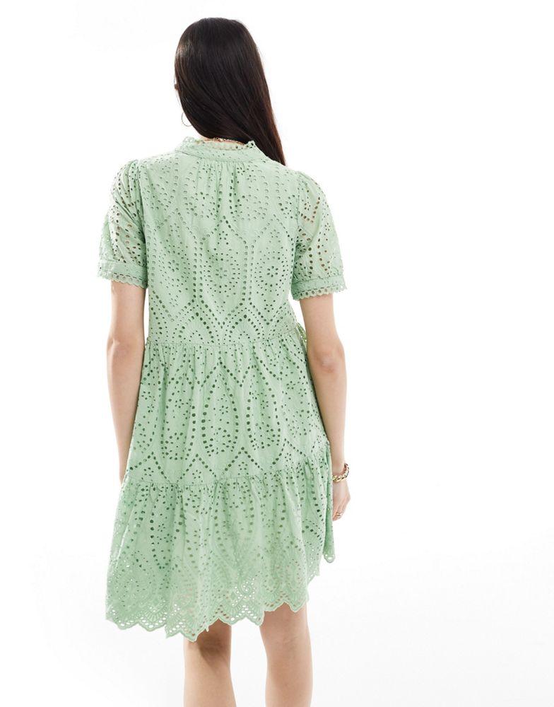 Y.A.S. YAS broderie short sleeve mini dress in light green - LGREEN