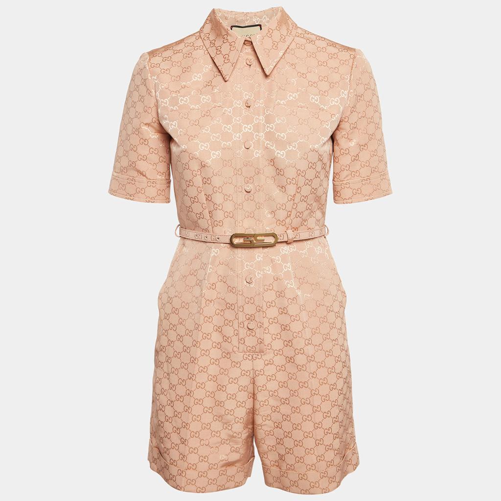 Gucci Gucci Pink GG Supreme Cotton Blend Belted Playsuit S Jumpsuits Free Shipping BeyondStyle