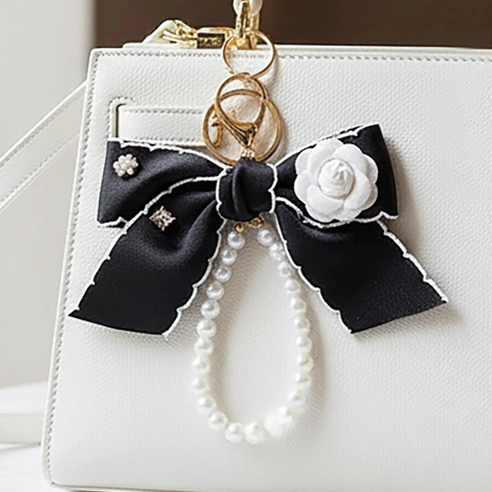 FASHNZFAB Flower Rhinestone Accent Pearl Loop Bow Keychain Bag Charm