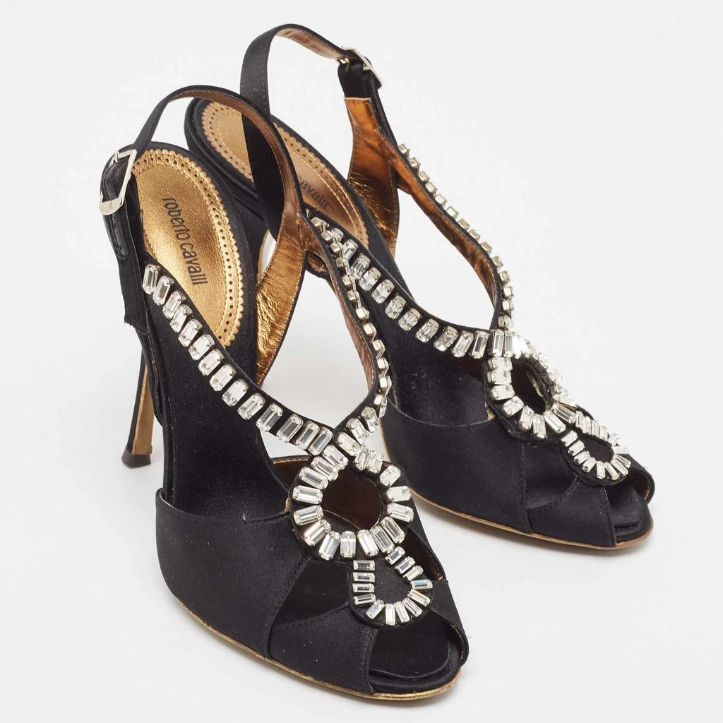 Roberto Cavalli Roberto Cavalli Black Satin Crystal Embellished Slingback Sandals Size 38.5 4