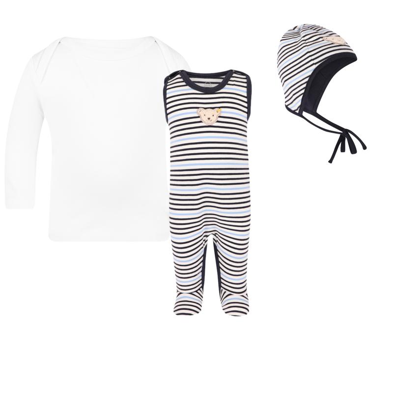 Steiff Logo bear striped bodysuit baby top and striped baby bonnet set in white navy and blue