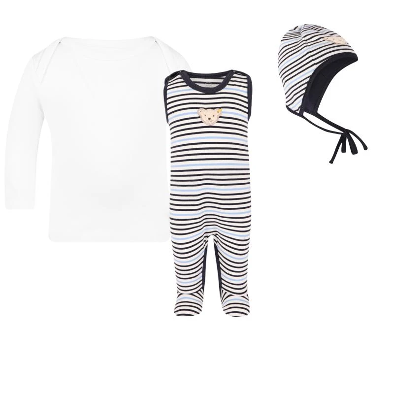 Steiff Logo bear striped bodysuit baby top and striped baby bonnet set in white navy and blue 1