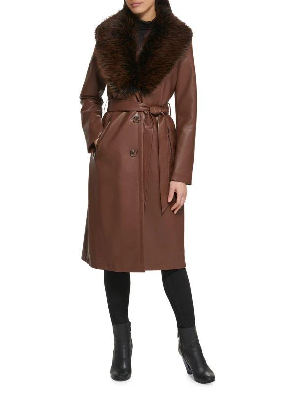 Kenneth Cole Faux Leather & Faux Fur Belted Trench Coat 4