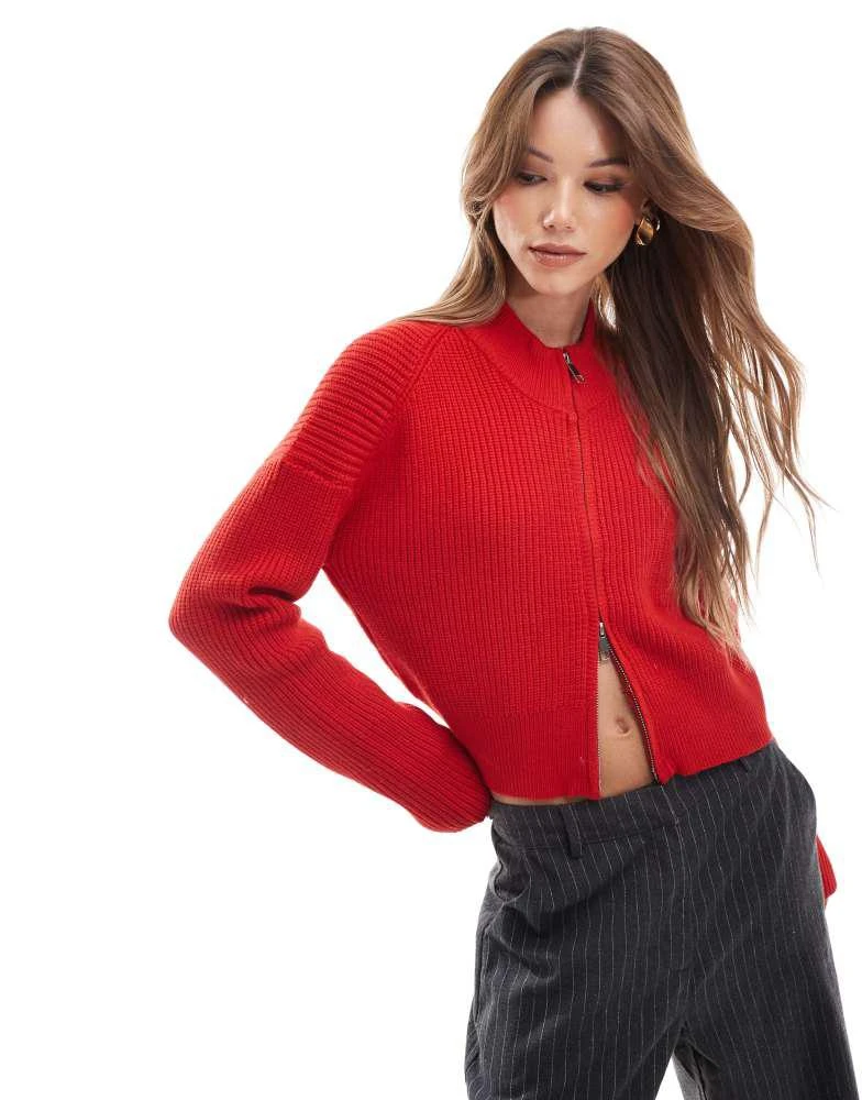 Pull&Bear Pull&Bear zip through micro cardigan in red 1
