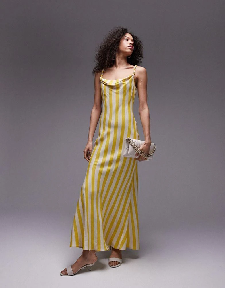 Topshop Topshop premium cami slip midi dress with beaded strap in yellow stripe print 4