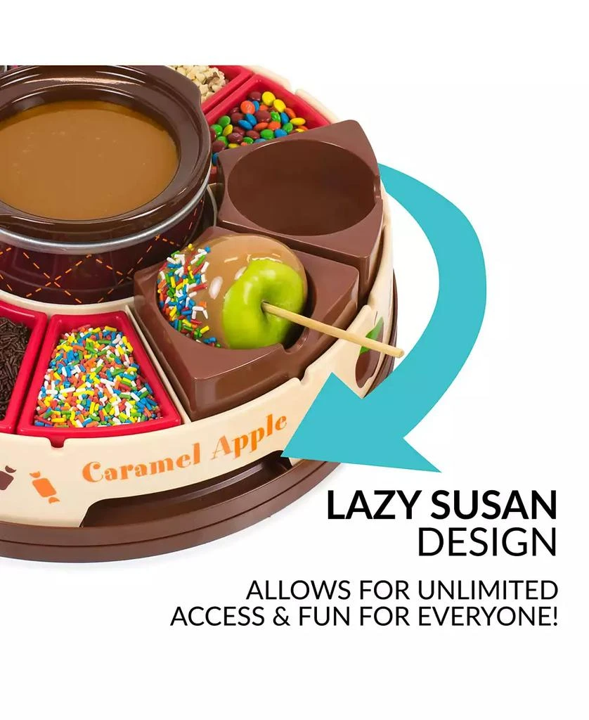 Nostalgia Lazy Susan Chocolate Caramel Apple Party with Heated Fondue Pot, 25 Sticks, Decorating and Toppings Trays 3