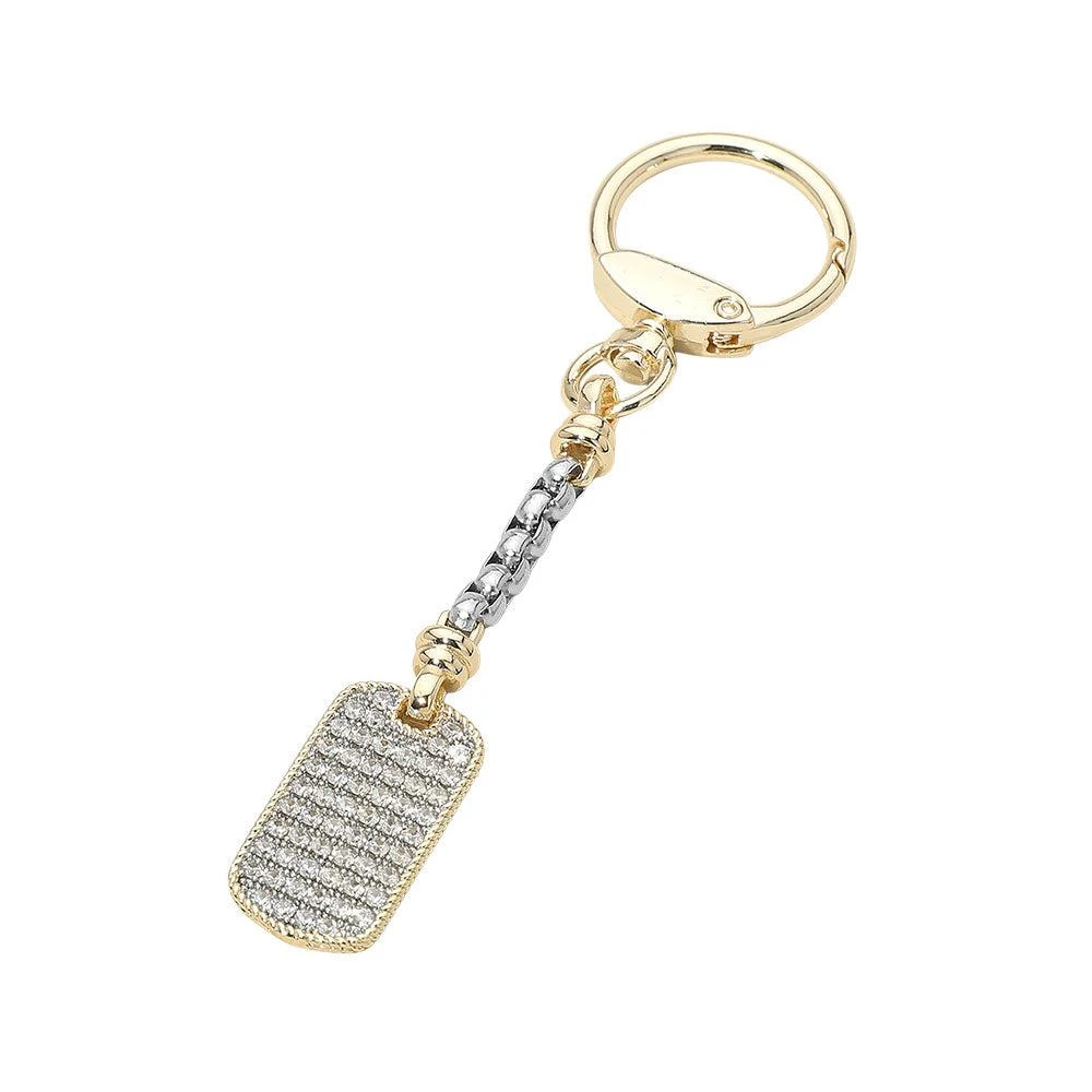 FASHNZFAB 14K Gold Plated Two Tone CZ Stone Paved Dog Tag Charm Drop Keychain Bag Charm 2