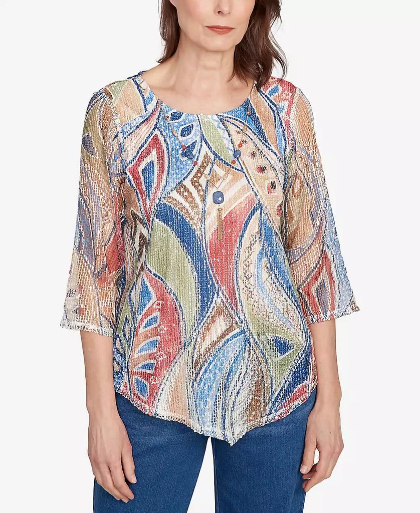 Alfred Dunner Petite El Paso Printed Leaf Textured Top with Necklace