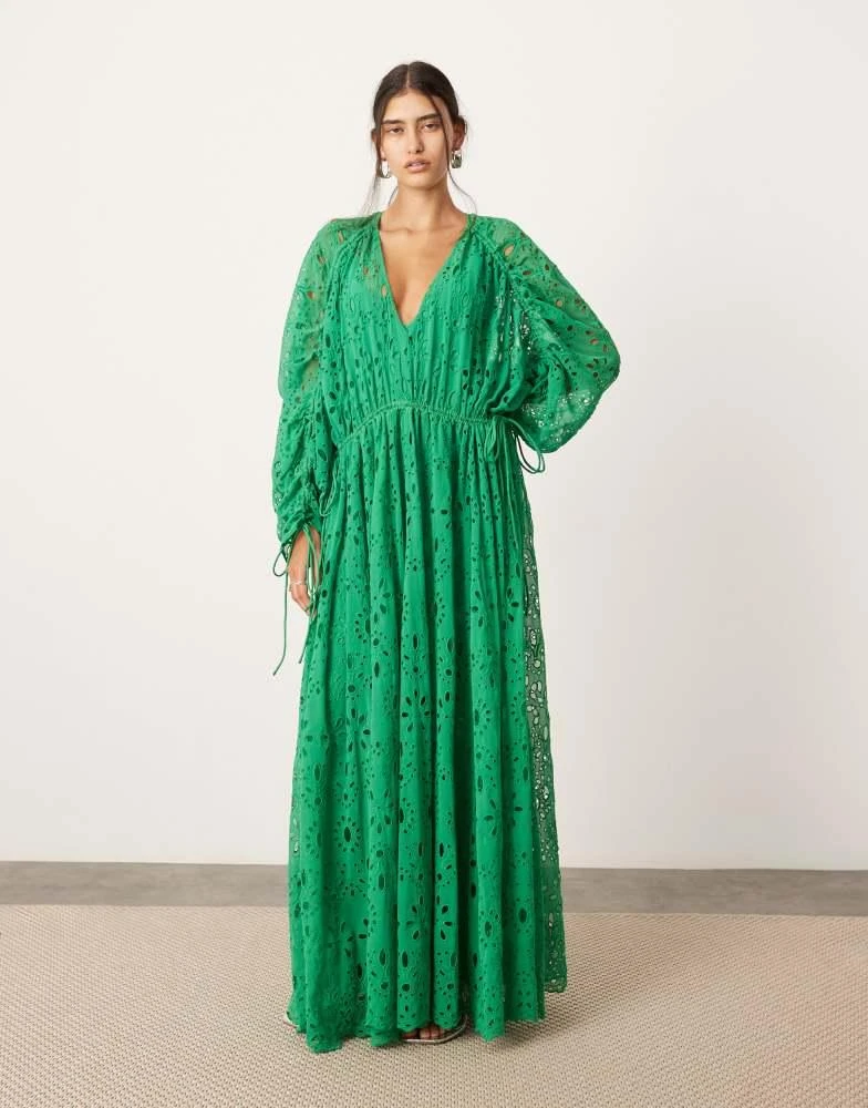 ASOS ASOS EDITION broderie extreme gathered waist maxi dress in green 1