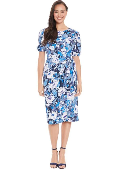 London Times Diane Womens Short Sleeve Floral Printed Scuba Crepe Sheath Dress 1