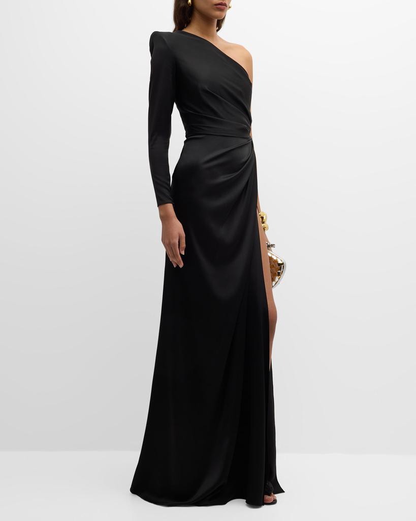 One-Shoulder Long-Sleeve Twist Slit Satin Crepe Gown – On Sale Now