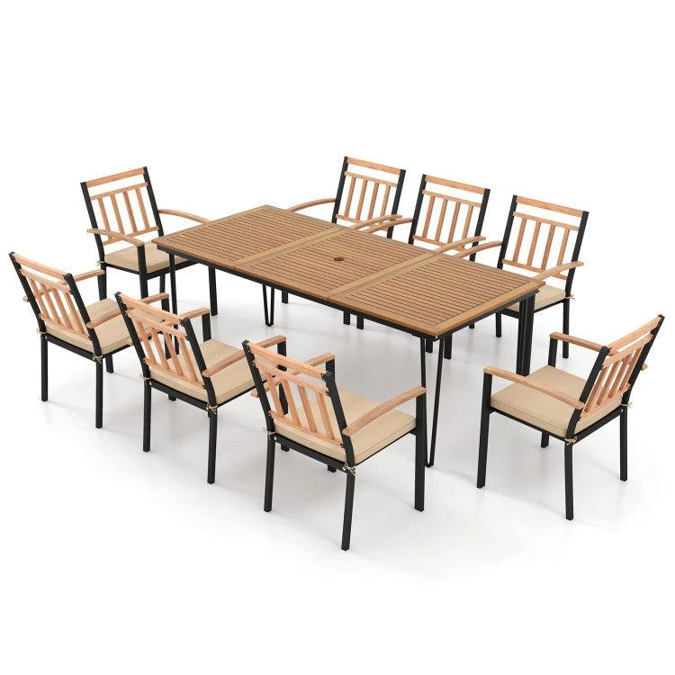 Hivvago 9-Piece Patio Dining Set 35.5 Inch Acacia Wood Table with Umbrella Hole and 24-Inch Wide Chairs