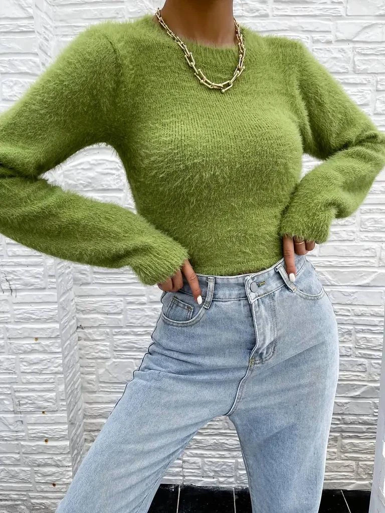 Miss Sparkling Fuzzy Open Back Sweater In Green 2