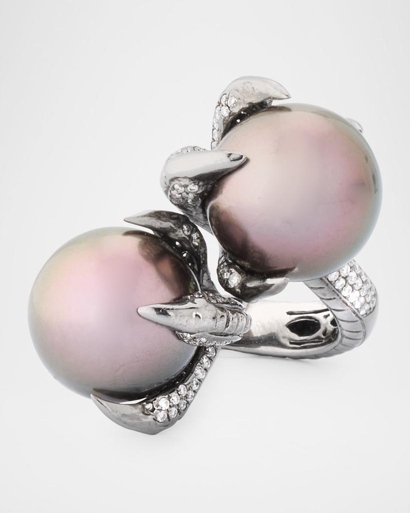 BELPEARL 18K White Gold and Black Rhodium Tahitian Pearl Ring with Diamonds, Size 7