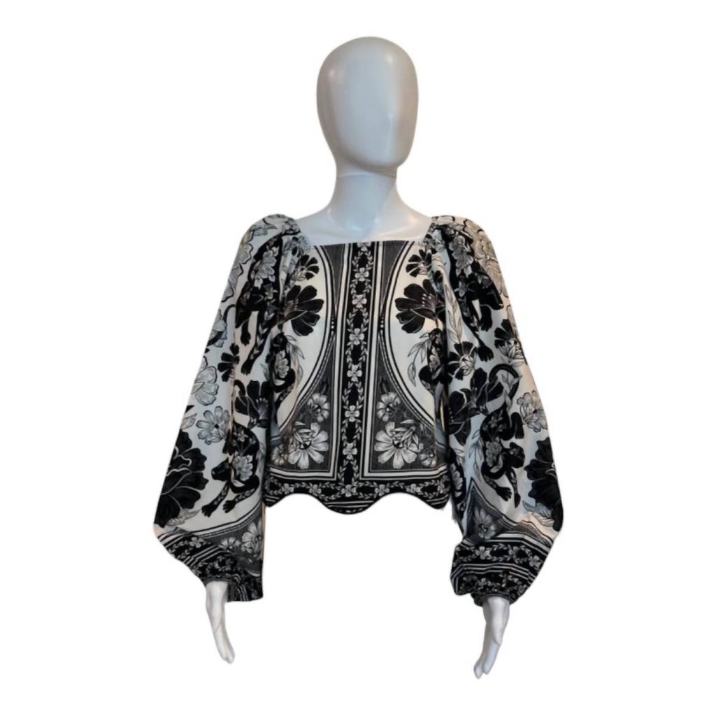 Farm Rio Flower Leopards Long Sleeve Blouse In Black & White