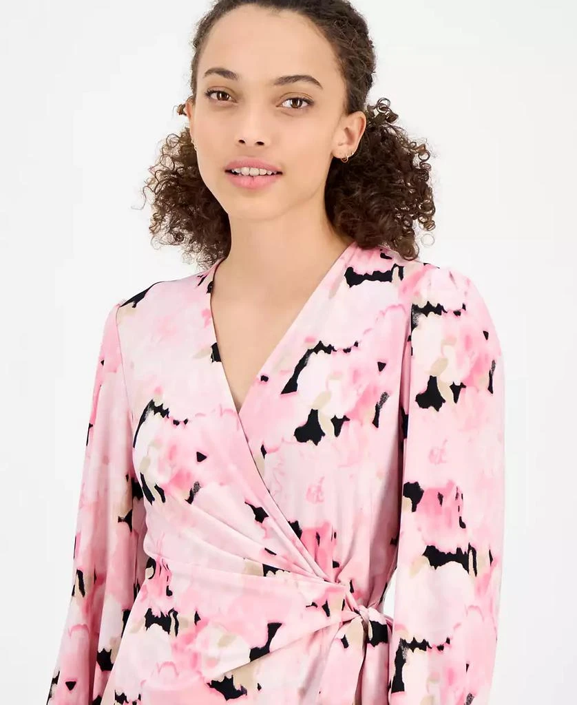 Anne Klein Petite Watercolor-Print Smocked-Cuff Wrap Top 3