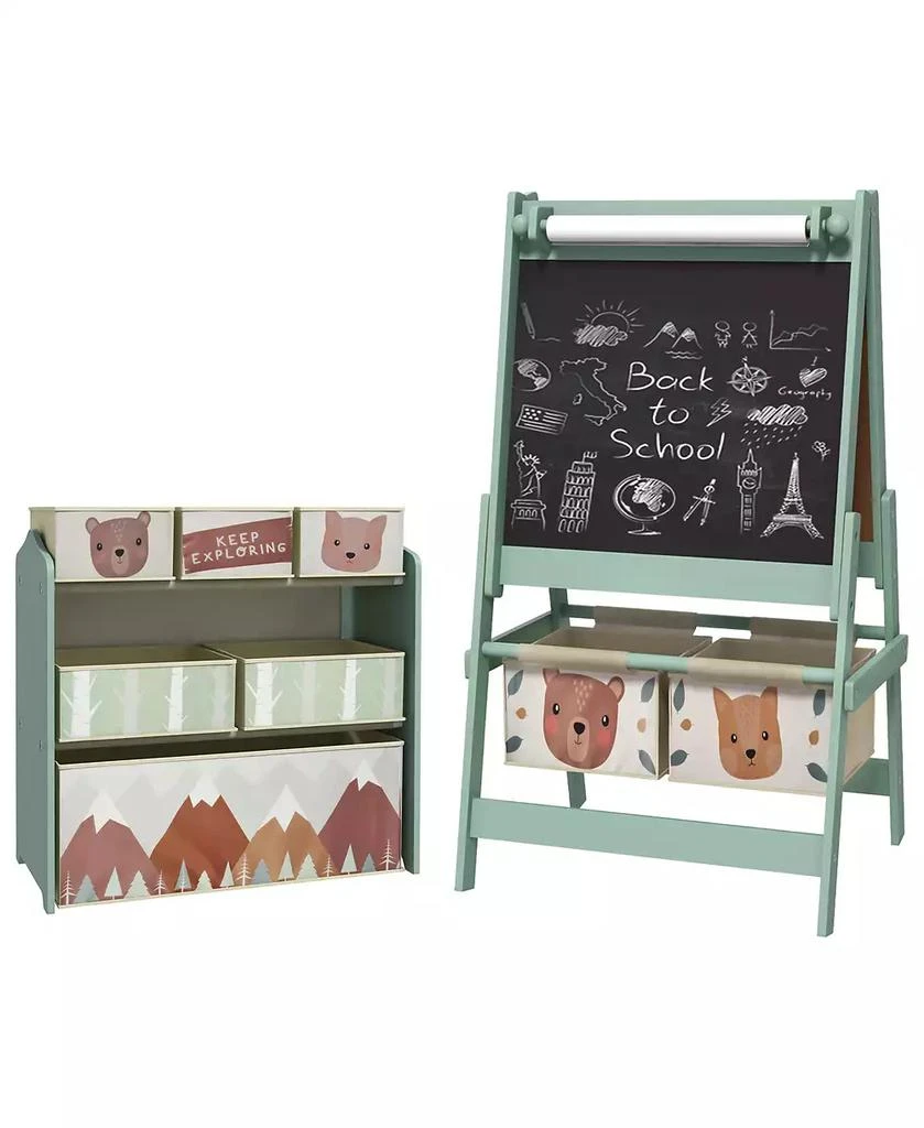 Qaba Kids Toy Organizer and Kids Easel Set with 6 Storage Bins, Paper Roll