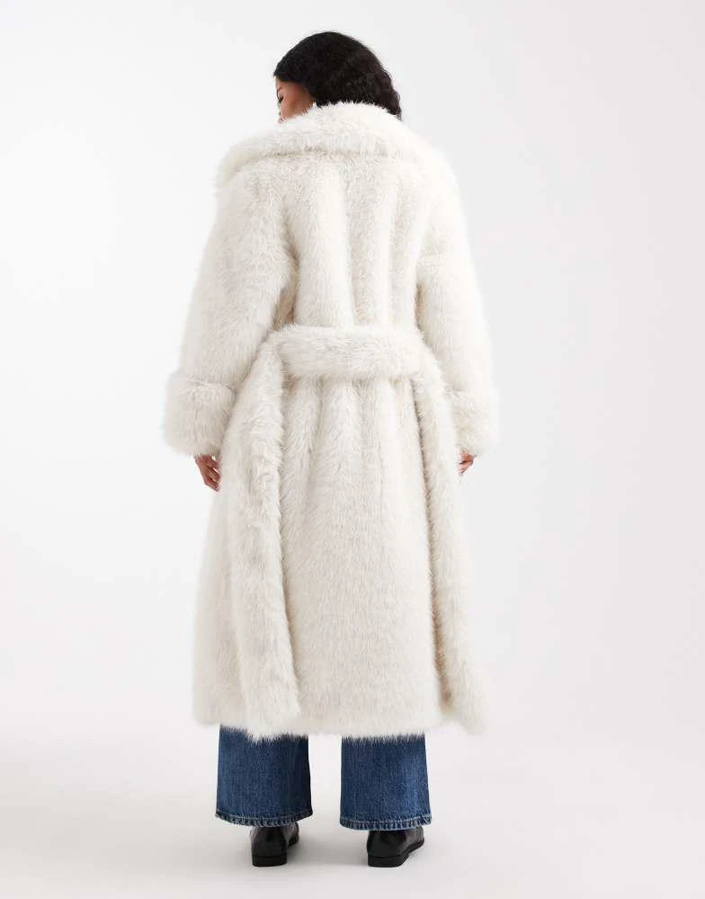 ASOS ASOS DESIGN Petite longline belted faux fur coat in cream 2