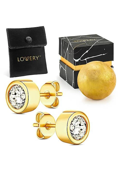 Lovery 14K Gold Plated Bezel Synthetic Diamond Earring with Pouch, Bath Bomb 
Gift Box