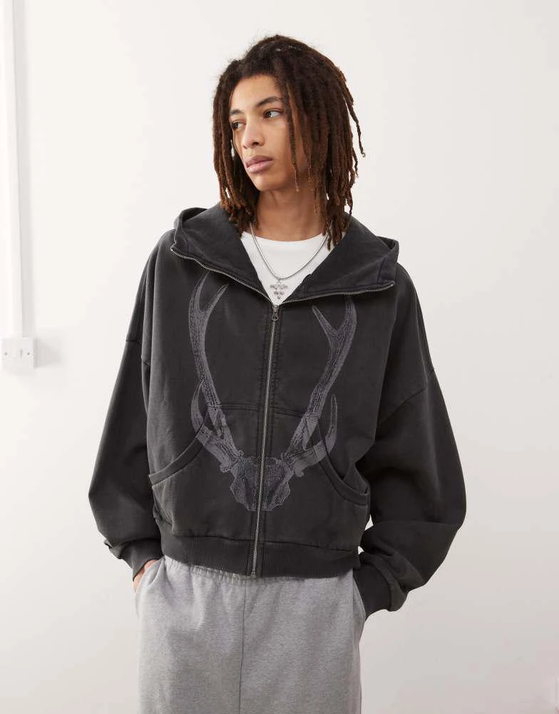 PacSun Pacsun graphic zip through hoodie in washed  black 2