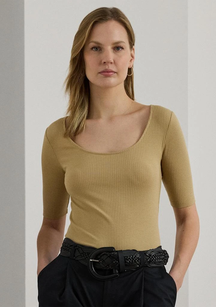 Ralph Lauren Rib Knit Cotton Blend Elbow Sleeve T-Shirt 1