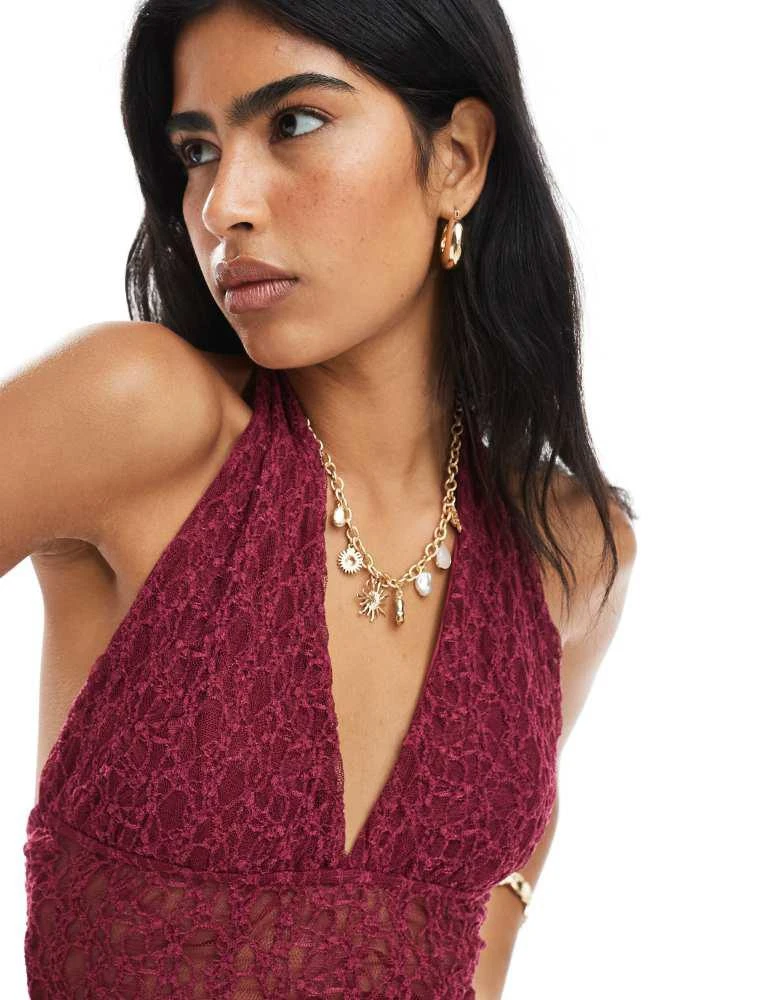 Pull&Bear Pull&Bear lace halterneck top co-ord in burgundy 4