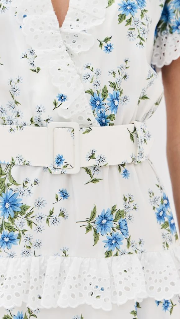 Rodarte White and Blue Daisy Silk Short Sleeve Silk Dress with Eyelet Ruffle Detail and Belt 5