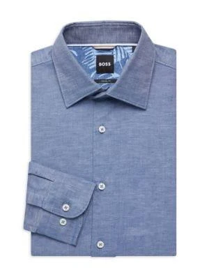 BOSS Hal Casual Fit Linen Blend Chambray Dress Shirt