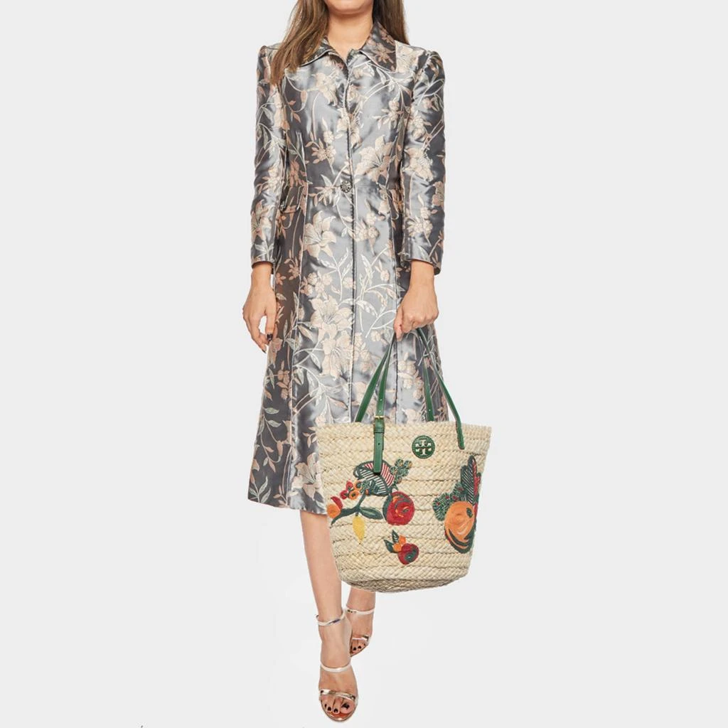 Tory Burch Tory Burch Beige/Green Woven Straw and Leather Embroidered Fruit Emerson Tote 2