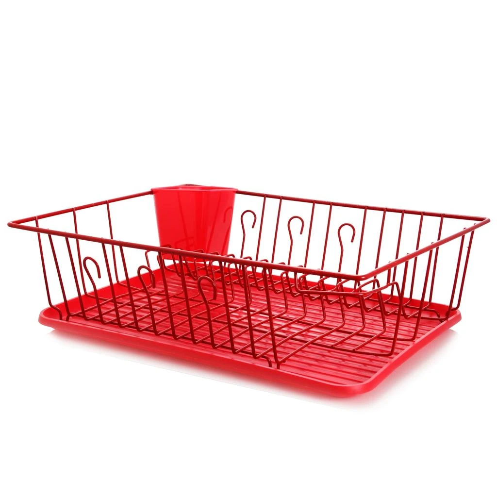 Megachef 17.5 Inch Red Dish Rack with 14 Plate Positioners and a Detachable Utensil Holder
