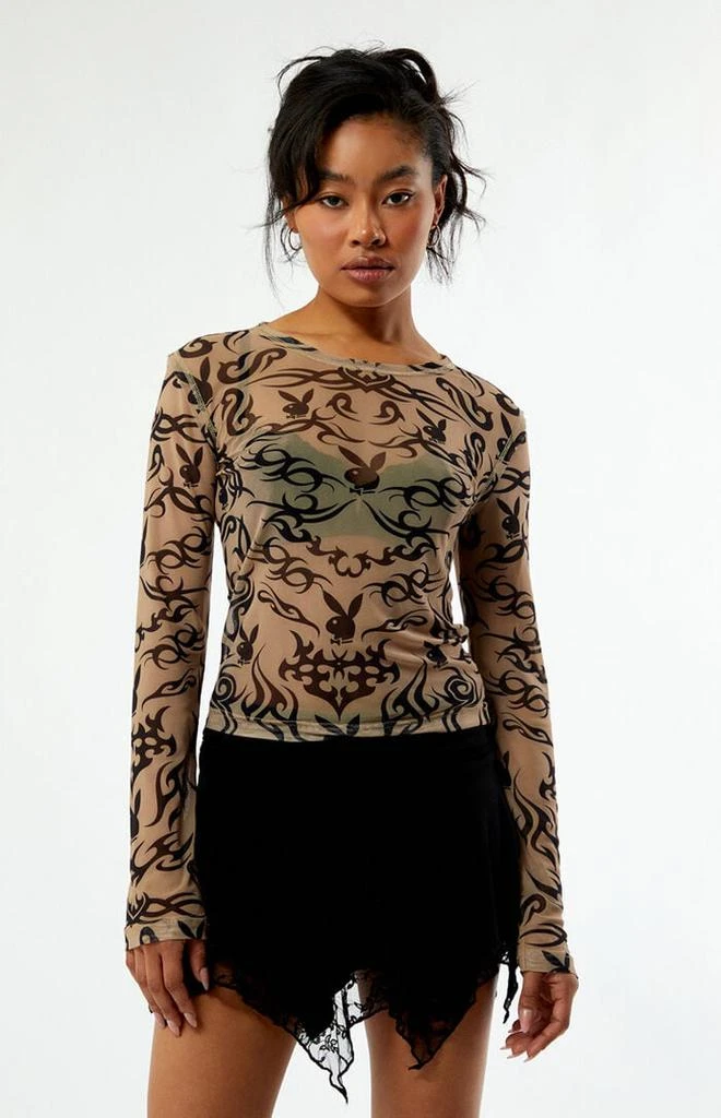 Playboy By PacSun Tattoo Print Mesh Long Sleeve Top 1