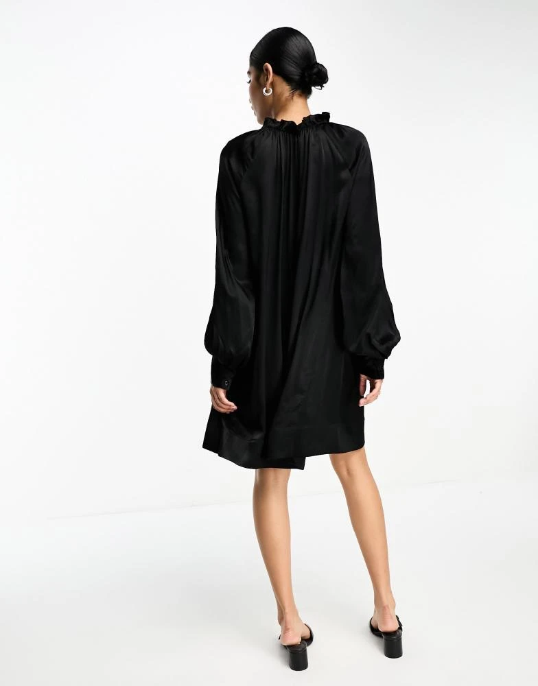 & Other Stories & Other Stories frill neck long sleeve satin dress in black 3