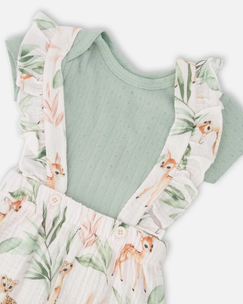 Deux par Deux Pointelle Onesie and Cotton Muslin Shortall Set Green and Peach Deer Print 4