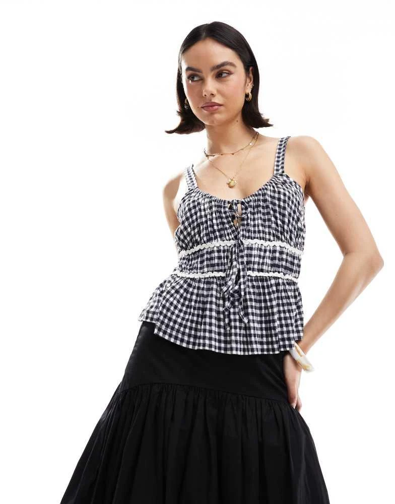 ASOS ASOS DESIGN milkmaid top in gingham with ricrac trims in navy gingham 1