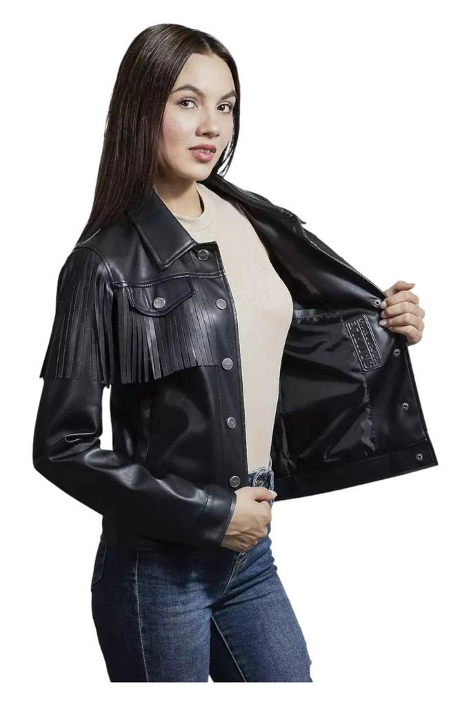Wrangler Faux Leather With Fringe Trucker Jacket In Black 3