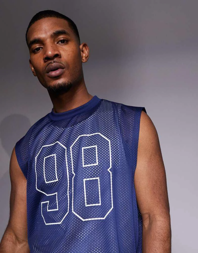 ASOS ASOS DESIGN oversized vest with sports graphic in navy airtex 5