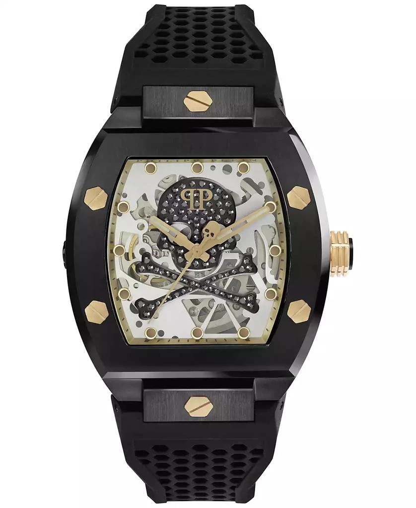 Philipp Plein Men
s Automatic The $keleton Black
Gold-Tone Tonneau Strap Watch 44mm 1
