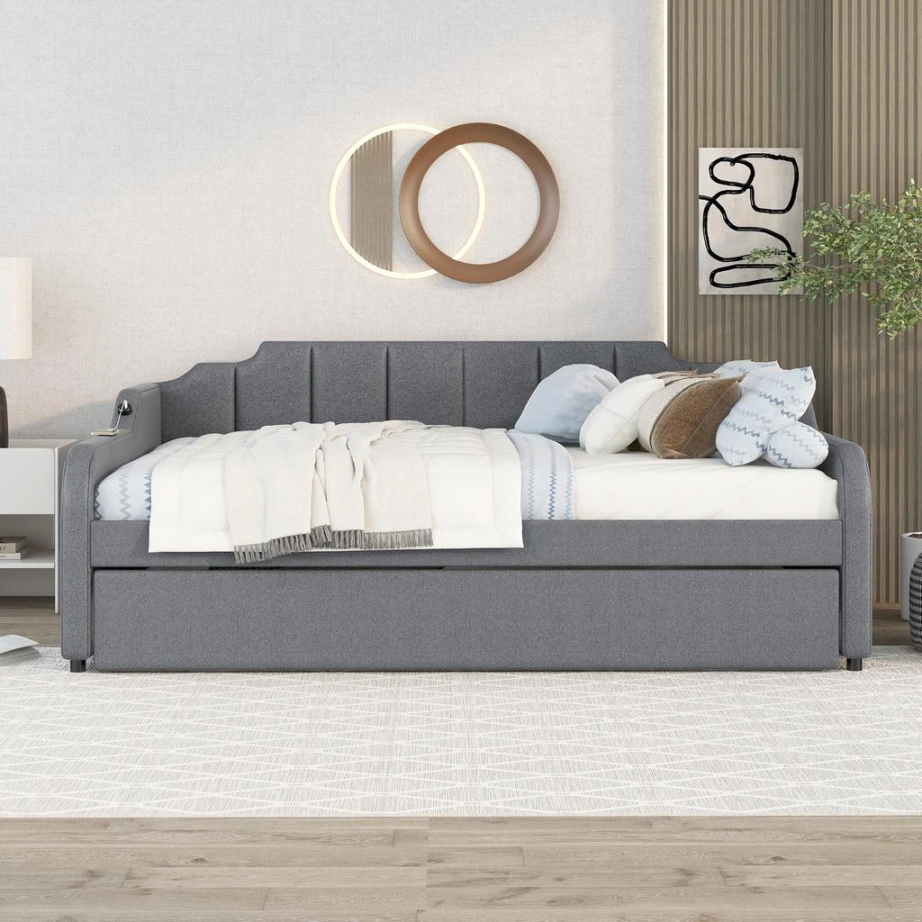 Streamdale Furniture Streamdale Full Size Upholstery Daybed With Trundle And USB Charging Design 5
