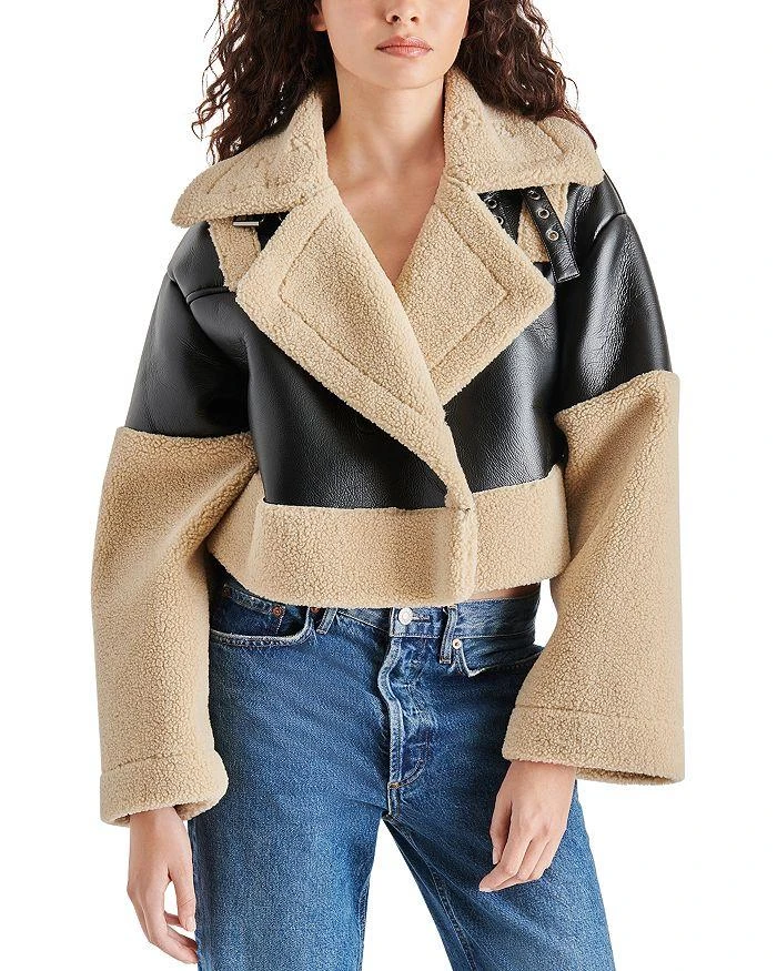 STEVE MADDEN Alaina Faux Leather & Faux Shearling Cropped Coat 1