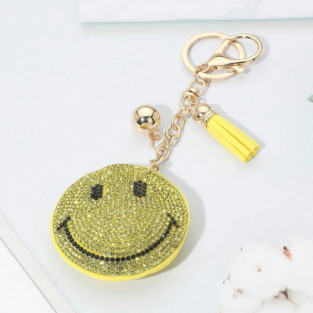 FASHNZFAB Bling Studded Smile Face Tassel Keychain Bag Charm