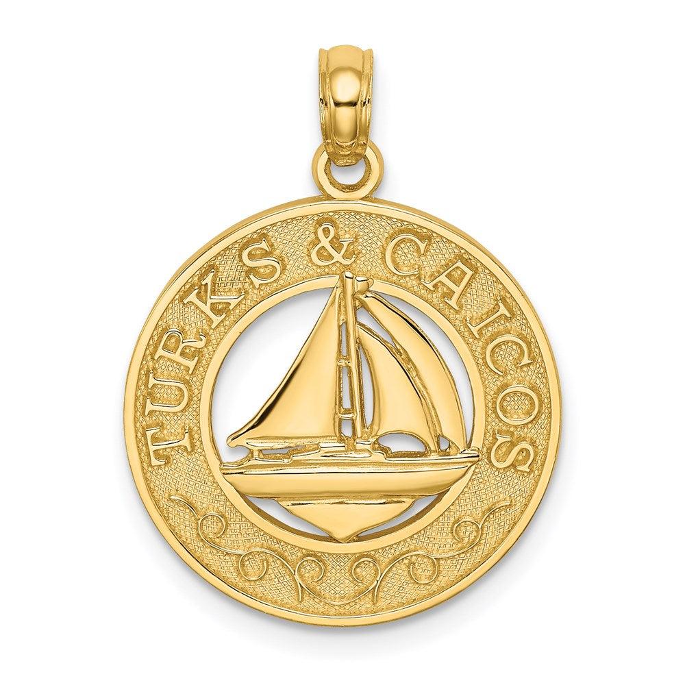 Diamond2Deal 14k Yellow Gold TURKS AND CAICOS Circle with Sailboat Charm Pendant